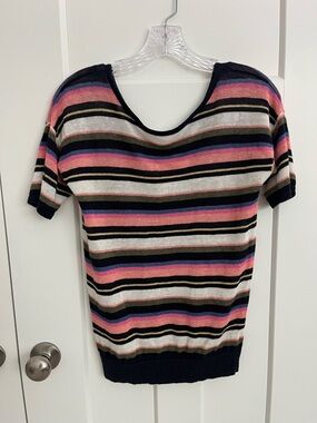 Talbots 100% Linen Striped Sweater Top Short Sleeve V Neck Coastal S Nautical